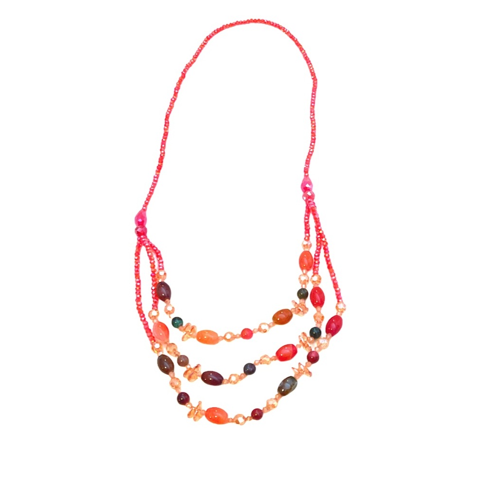 Multicolor Faceted Beaded Necklace with Red Crystal Strand - Women Jewelry